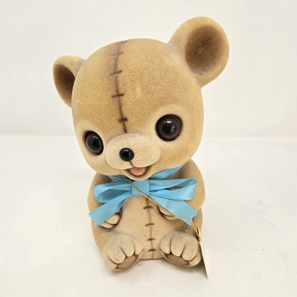 Vintage 1980 josef originals fuzzy wazzy teddy bear‎ flocked bank blue Bow